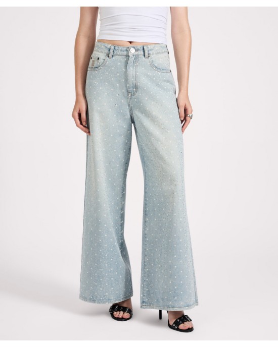Oneteaspoon Love Machines Mid Waist Super Wide Leg Denim Jeans Blue Sparkle Παντελόνι