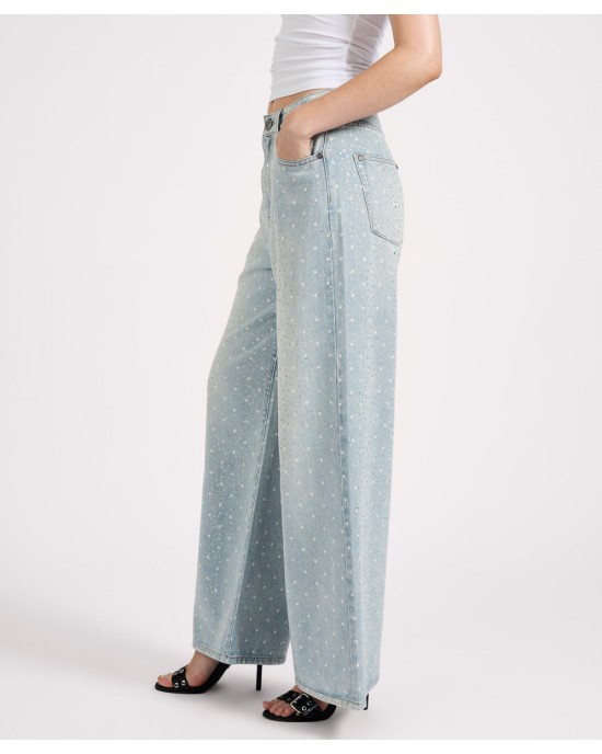 Oneteaspoon Love Machines Mid Waist Super Wide Leg Denim Jeans Blue Sparkle Παντελόνι