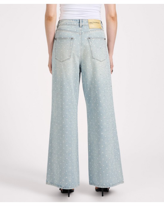 Oneteaspoon Love Machines Mid Waist Super Wide Leg Denim Jeans Blue Sparkle Παντελόνι