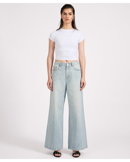 Oneteaspoon Love Machines Mid Waist Super Wide Leg Denim Jeans Blue Sparkle Παντελόνι