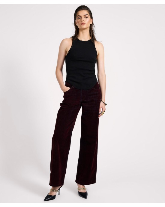 Oneteaspoon Jackson Mid Waist Wide Leg Velvet Finish Denim Jeans Flocked Maroon Παντελόνι