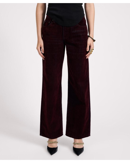 Oneteaspoon Jackson Mid Waist Wide Leg Velvet Finish Denim Jeans Flocked Maroon Παντελόνι