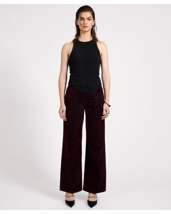 Oneteaspoon Jackson Mid Waist Wide Leg Velvet Finish Denim Jeans Flocked Maroon Παντελόνι
