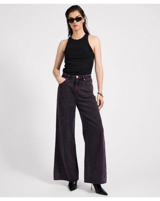 Oneteaspoon Love Machines Mid Waist Super Wide Leg Denim Jeans Black Pink Παντελόνι Oneteaspoon Love Machines Mid Waist Super Wide Leg Denim Jeans Black Pink Παντελόνι
