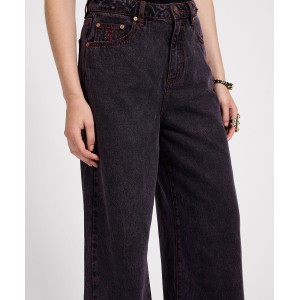 Oneteaspoon Love Machines Mid Waist Super Wide Leg Denim Jeans Black Pink Παντελόνι