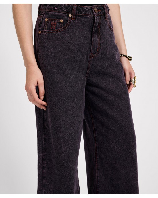 Oneteaspoon Love Machines Mid Waist Super Wide Leg Denim Jeans Black Pink Παντελόνι Oneteaspoon Love Machines Mid Waist Super Wide Leg Denim Jeans Black Pink Παντελόνι
