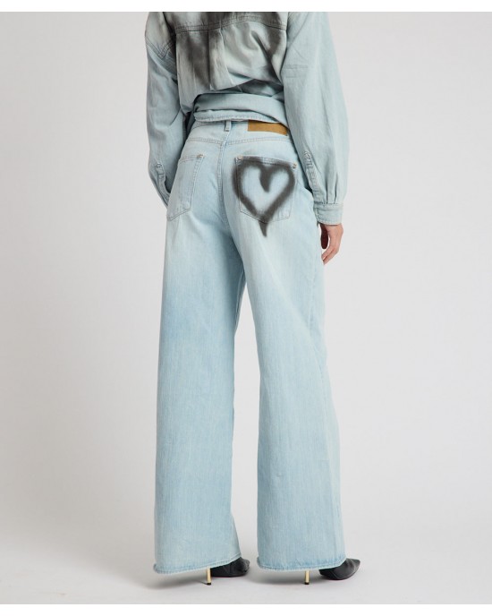 Oneteaspoon Love Machines Heart Mid Waist Super Wide Leg Denim Sea Mist Love Παντελόνι