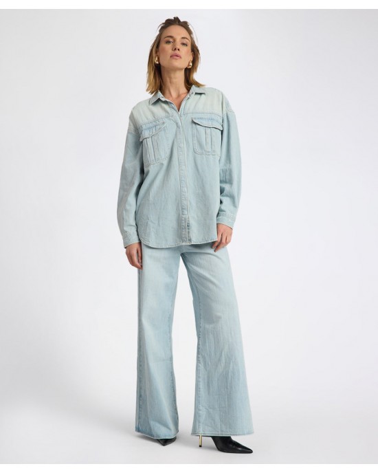 Oneteaspoon Love Machines Heart Mid Waist Super Wide Leg Denim Sea Mist Love Παντελόνι