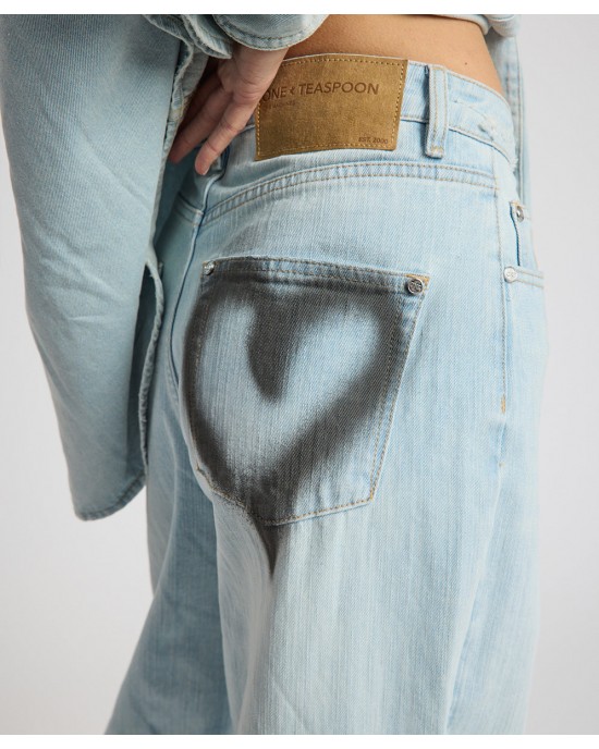 Oneteaspoon Love Machines Heart Mid Waist Super Wide Leg Denim Sea Mist Love Παντελόνι