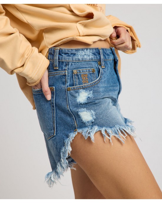Oneteaspoon Outlaws Mid Waist Mid Length Denim Badlands Blue Σόρτς