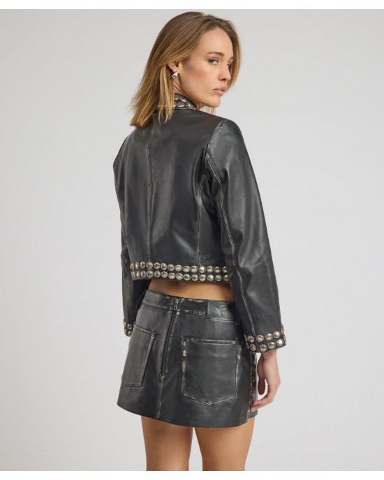 Oneteaspoon City Nights Studded Cropped Leather Blazer Black Τζάκετ