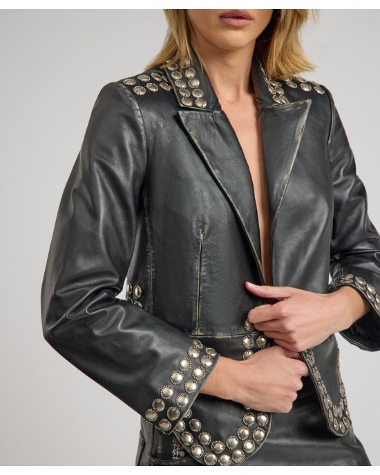 Oneteaspoon City Nights Studded Cropped Leather Blazer Black Τζάκετ