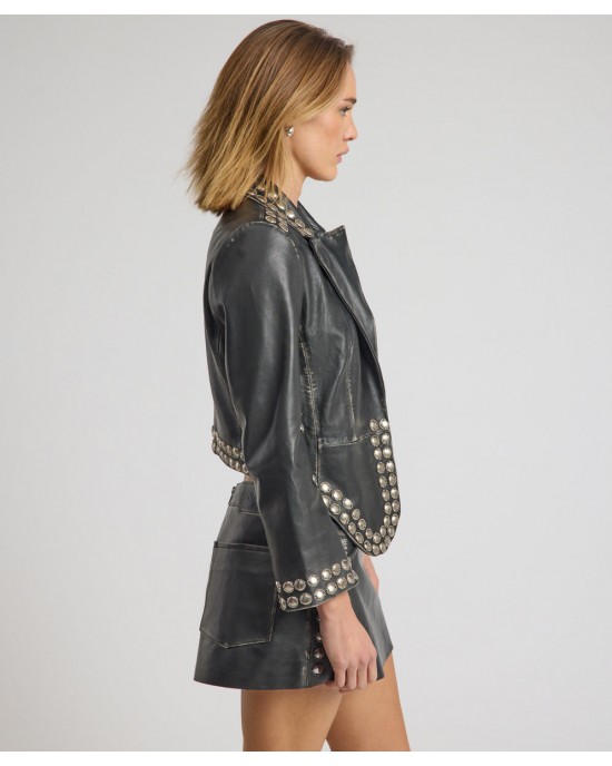Oneteaspoon City Nights Studded Cropped Leather Blazer Black Τζάκετ