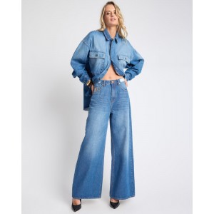 One Teaspoon Love Machines Mid Waist Super Wide Leg Denim Pacifica Blue Παντελόνι