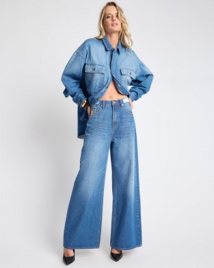 One Teaspoon Love Machines Mid Waist Super Wide Leg Denim Pacifica Blue Παντελόνι