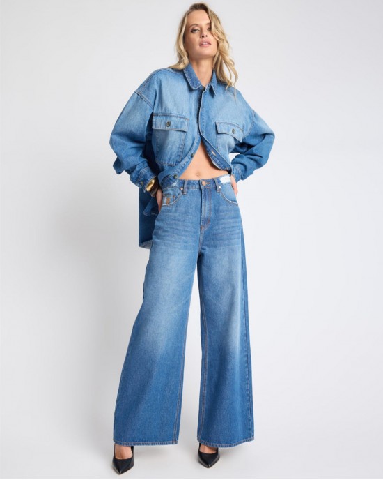 One Teaspoon Love Machines Mid Waist Super Wide Leg Denim Pacifica Blue Παντελόνι