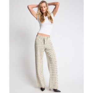 One Teaspoon Jackson Mid Waist Wide Leg Studded Denim Antique Khaki Παντελόνι