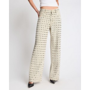 One Teaspoon Jackson Mid Waist Wide Leg Studded Denim Antique Khaki Παντελόνι