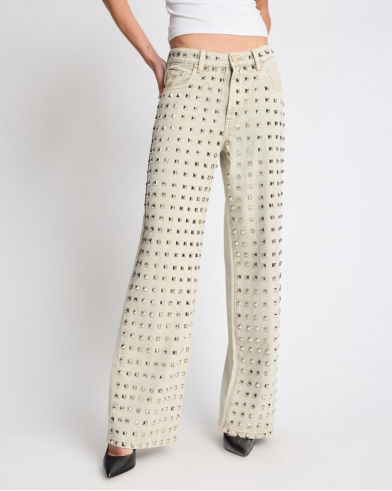 One Teaspoon Jackson Mid Waist Wide Leg Studded Denim Antique Khaki Παντελόνι