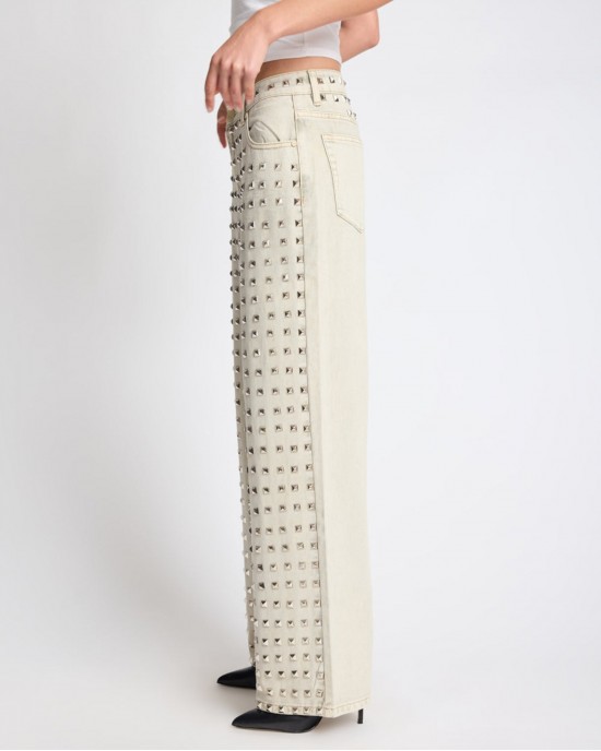One Teaspoon Jackson Mid Waist Wide Leg Studded Denim Antique Khaki Παντελόνι