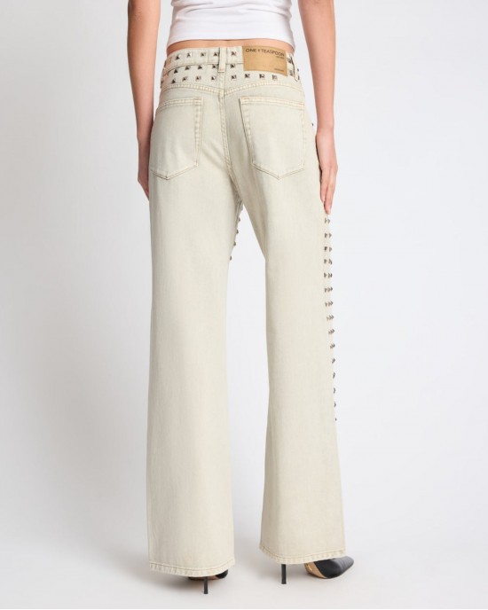 One Teaspoon Jackson Mid Waist Wide Leg Studded Denim Antique Khaki Παντελόνι