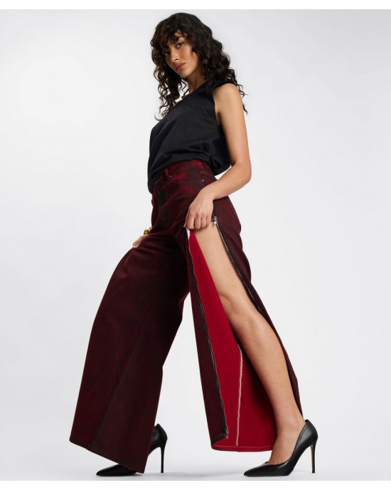 One Teaspoon Jackson Mid Waist Wide Leg Denim Oil Stained Maroon Παντελόνι
