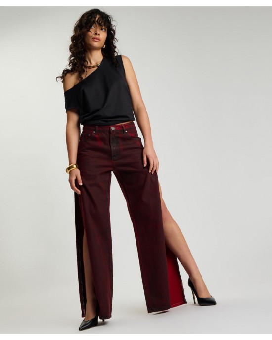 One Teaspoon Jackson Mid Waist Wide Leg Denim Oil Stained Maroon Παντελόνι