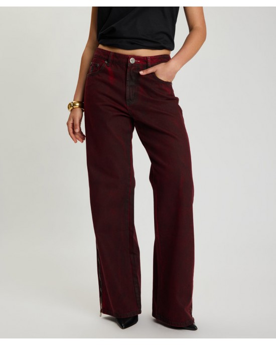 One Teaspoon Jackson Mid Waist Wide Leg Denim Oil Stained Maroon Παντελόνι