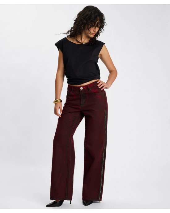 One Teaspoon Jackson Mid Waist Wide Leg Denim Oil Stained Maroon Παντελόνι