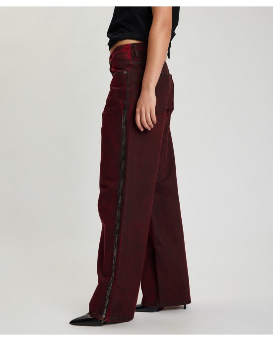 One Teaspoon Jackson Mid Waist Wide Leg Denim Oil Stained Maroon Παντελόνι