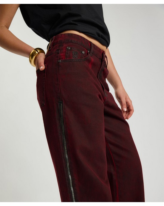 One Teaspoon Jackson Mid Waist Wide Leg Denim Oil Stained Maroon Παντελόνι