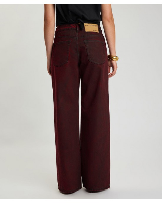 One Teaspoon Jackson Mid Waist Wide Leg Denim Oil Stained Maroon Παντελόνι