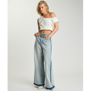 One Teaspoon Love Machines Mid Waist Super Wide Leg Denim Split Party Contrast Blue Παντελόνι