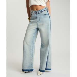 One Teaspoon Love Machines Mid Waist Super Wide Leg Denim Split Party Contrast Blue Παντελόνι