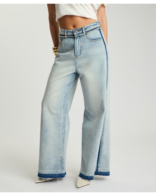One Teaspoon Love Machines Mid Waist Super Wide Leg Denim Split Party Contrast Blue Παντελόνι