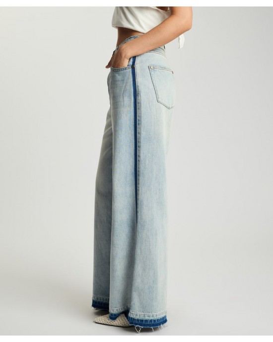 One Teaspoon Love Machines Mid Waist Super Wide Leg Denim Split Party Contrast Blue Παντελόνι