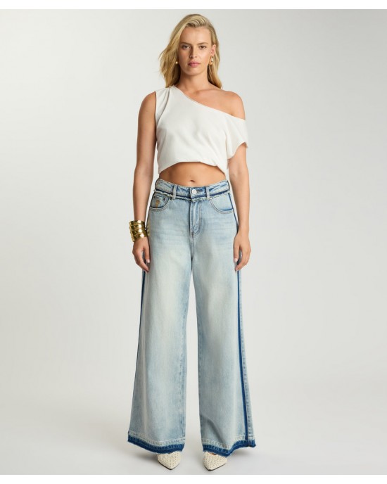 One Teaspoon Love Machines Mid Waist Super Wide Leg Denim Split Party Contrast Blue Παντελόνι