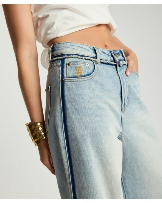 One Teaspoon Love Machines Mid Waist Super Wide Leg Denim Split Party Contrast Blue Παντελόνι