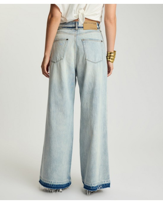 One Teaspoon Love Machines Mid Waist Super Wide Leg Denim Split Party Contrast Blue Παντελόνι
