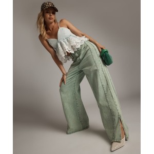 One Teaspoon Love Machines Mid Waist Super Wide Leg Denim Seaglass Green Παντελόνι
