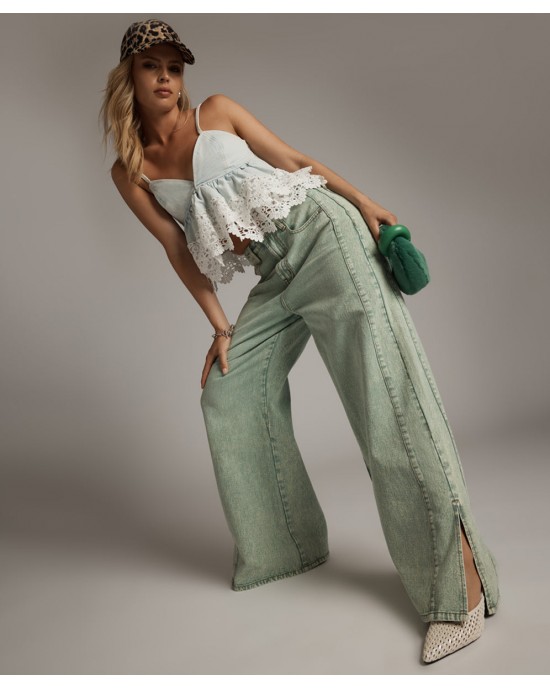 One Teaspoon Love Machines Mid Waist Super Wide Leg Denim Seaglass Green Παντελόνι