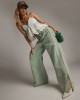 One Teaspoon Love Machines Mid Waist Super Wide Leg Denim Seaglass Green Παντελόνι