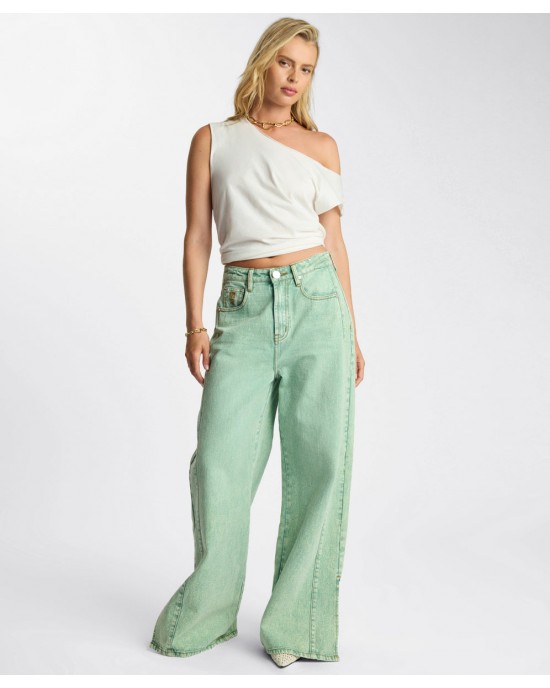 One Teaspoon Love Machines Mid Waist Super Wide Leg Denim Seaglass Green Παντελόνι