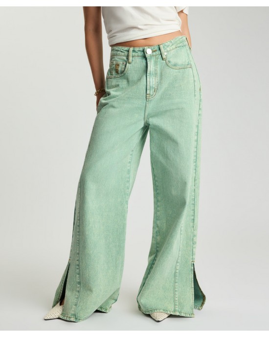 One Teaspoon Love Machines Mid Waist Super Wide Leg Denim Seaglass Green Παντελόνι