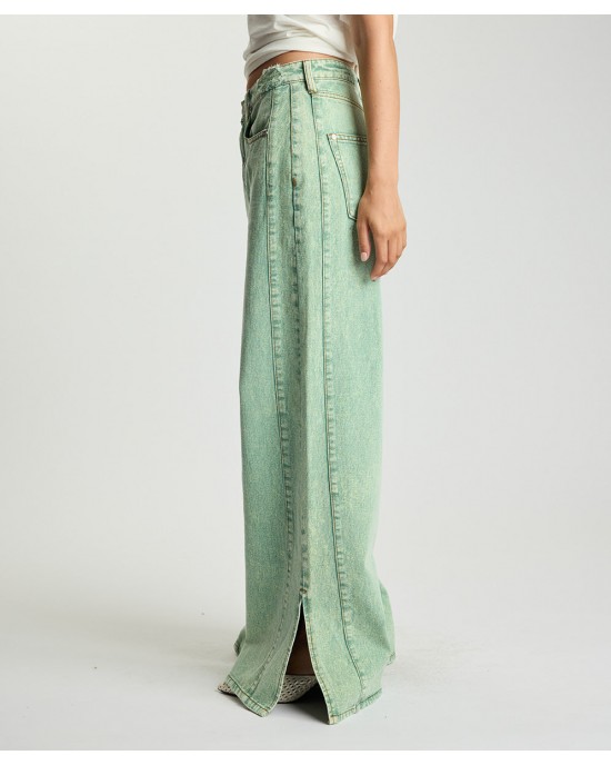 One Teaspoon Love Machines Mid Waist Super Wide Leg Denim Seaglass Green Παντελόνι
