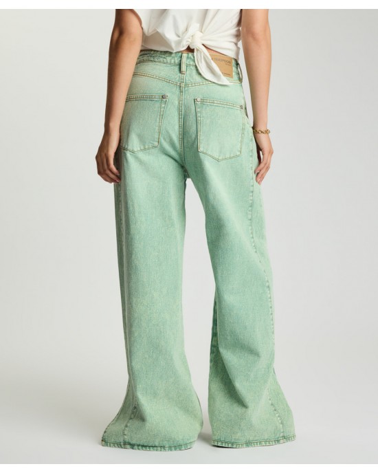 One Teaspoon Love Machines Mid Waist Super Wide Leg Denim Seaglass Green Παντελόνι