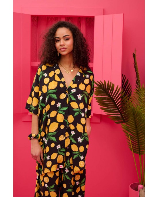 Petit Boutik Maya Black Lemons Oversized Πουκάμισο