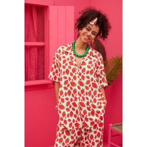 Petit Boutik Maya White Strawberries Oversized Πουκάμισο