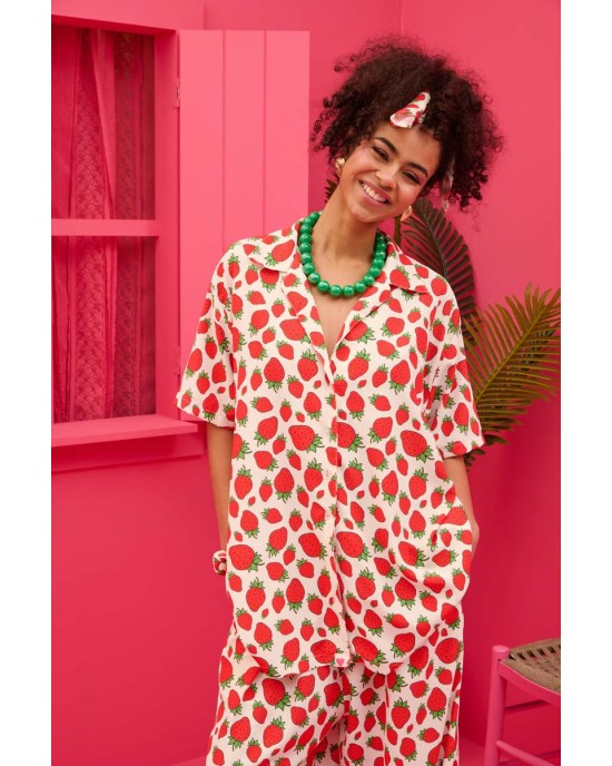 Petit Boutik Maya White Strawberries Oversized Πουκάμισο