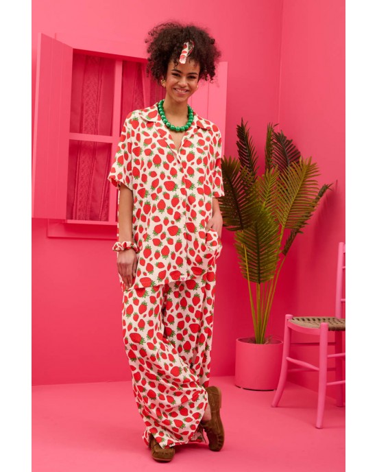 Petit Boutik Maya White Strawberries Oversized Πουκάμισο